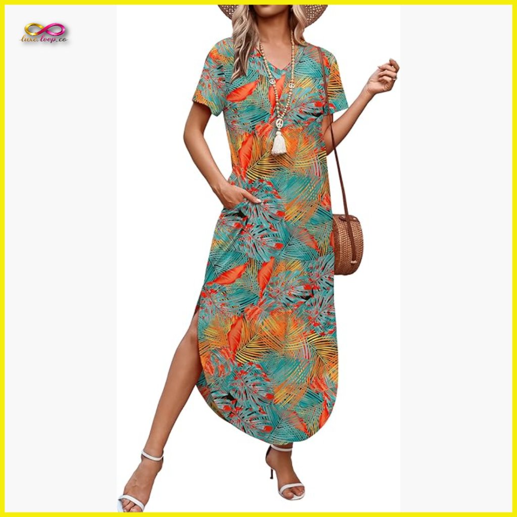 Floral Maxi Dress V-Neck Short Sleeve Summer Casual Beach Vacation With Pockets